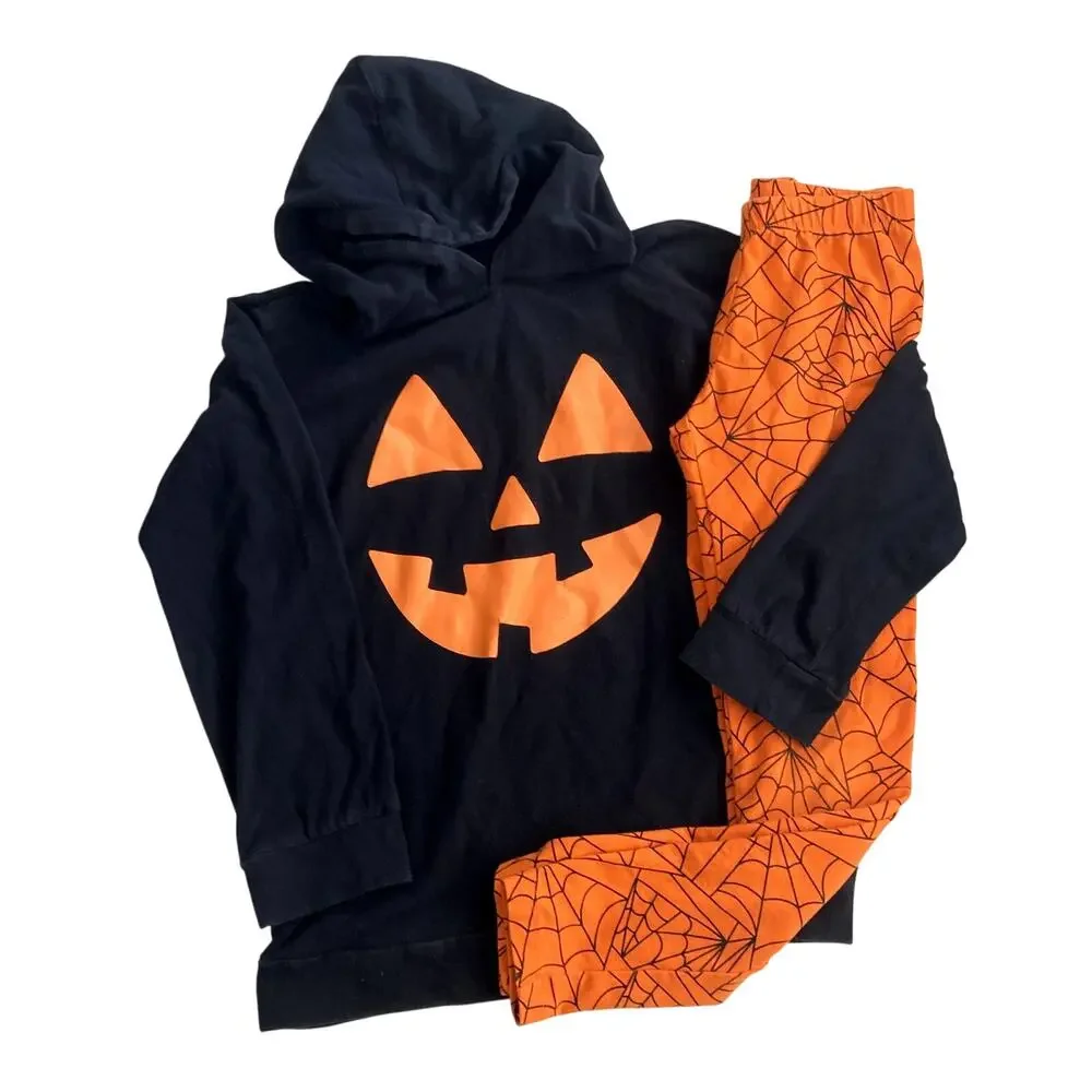 Halloween Outfit - Cat & Jack Spiderweb Leggings, Jack O'Lantern Hoodie - 7/8